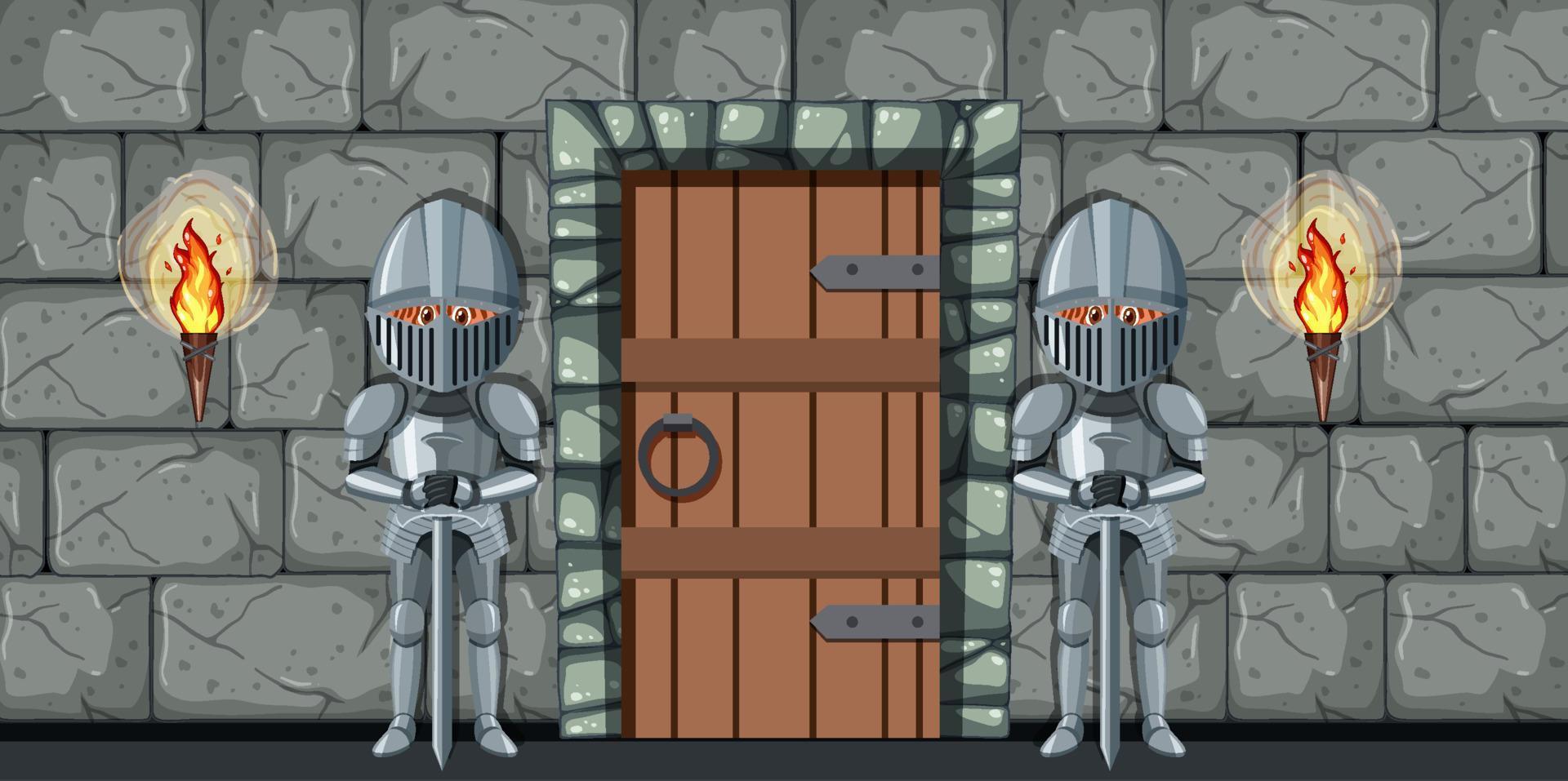 två medeltida som står vakt framför dörren vektor