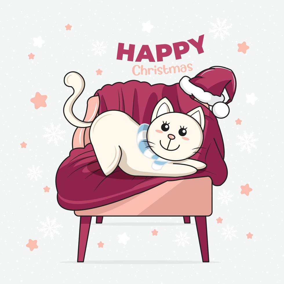 frohe weihnachten grußkarten weiße süße katze vektorillustration kostenloser download vektor