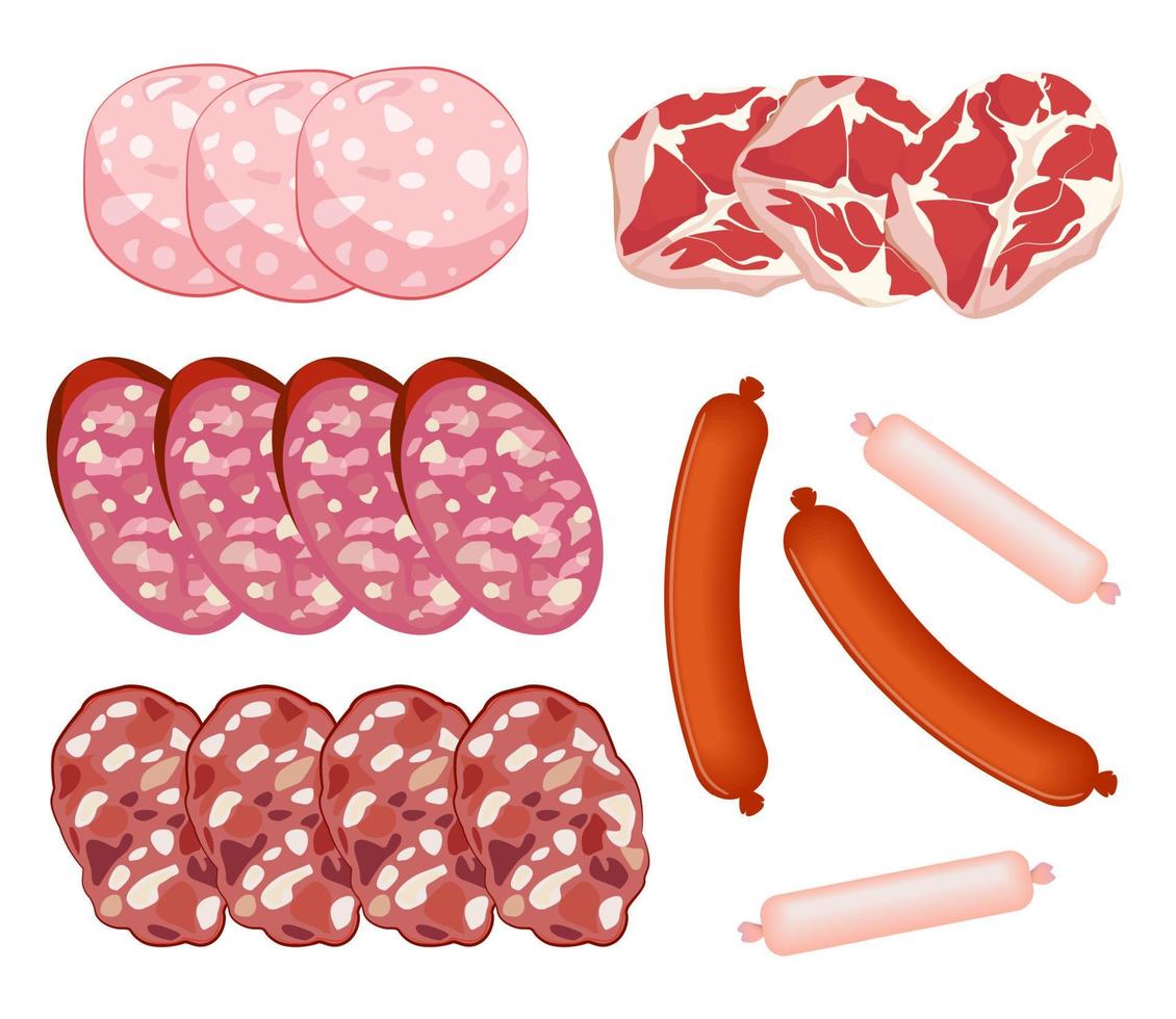 Würstchen und Würstchen eingestellt. Salamischeiben und Feinkost. Vektor-Illustration auf weißem Hintergrund. vektor