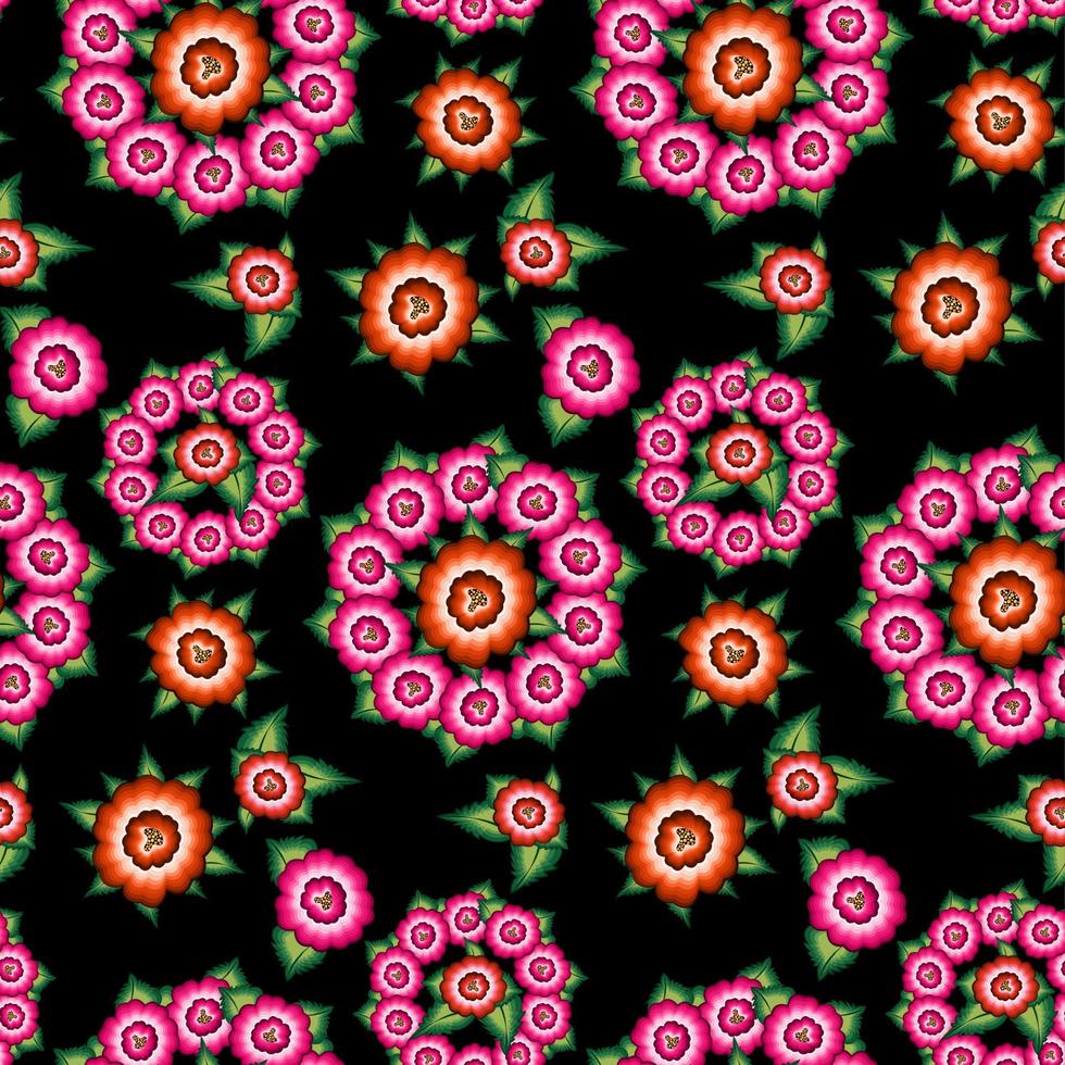 nahtlose mexikanische Blumenstickmuster, ethnische bunte Mandalas einheimische Blumen Folk-Mode-Design. bestickter traditioneller Textilstil von Mexiko, Vektor auf schwarzem Hintergrund isoliert