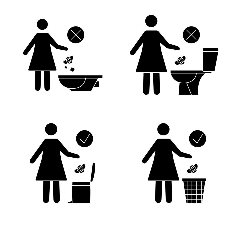 werfen Sie keinen Abfall in die Toilette. Toilette kein Müll. Frauen werfen Damenbinden in die Toilette. Bitte spülen Sie keine Papierhandtücher, Hygieneartikel. Verbotssymbole. Vektor