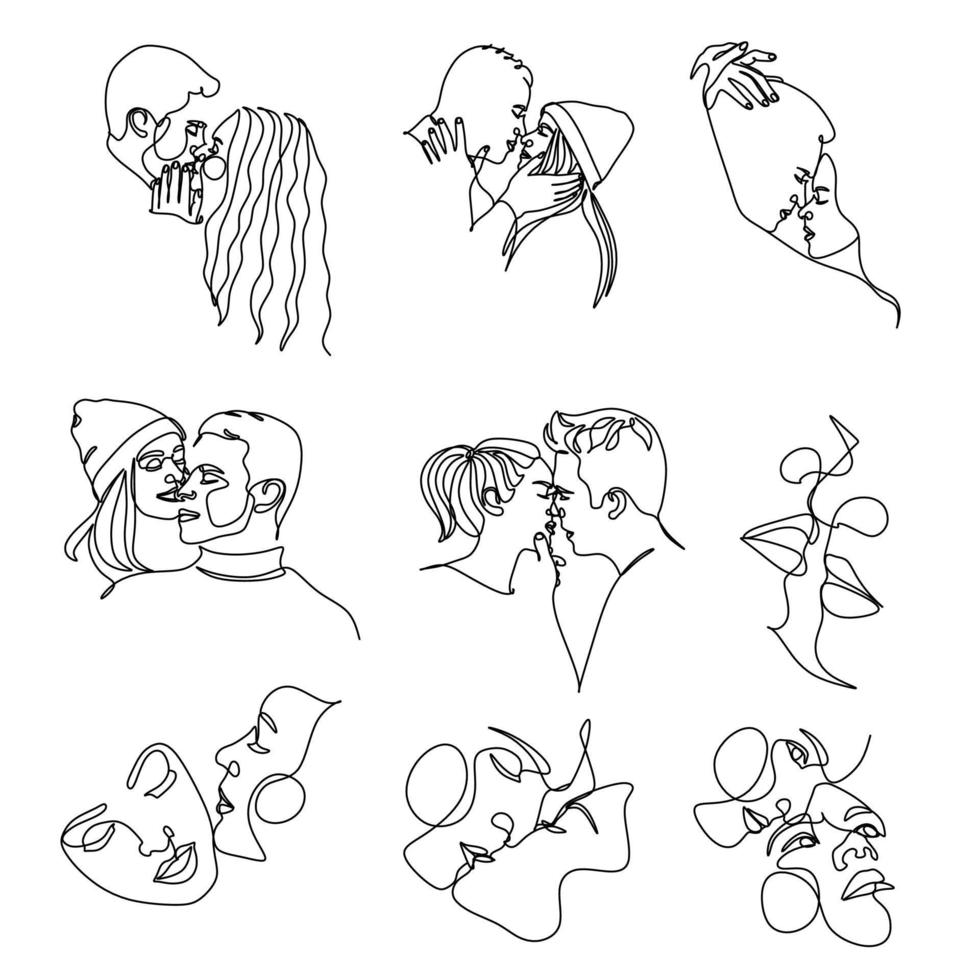 ein Line-Art-Paar, Line-Art-Männer und -Frauen, minimaler Gesichtsvektor. Paardruck, Kussdruck, Valentinstagillustration. Liebesplakat. 2 Gesichter. wir sind eine linie. vektor