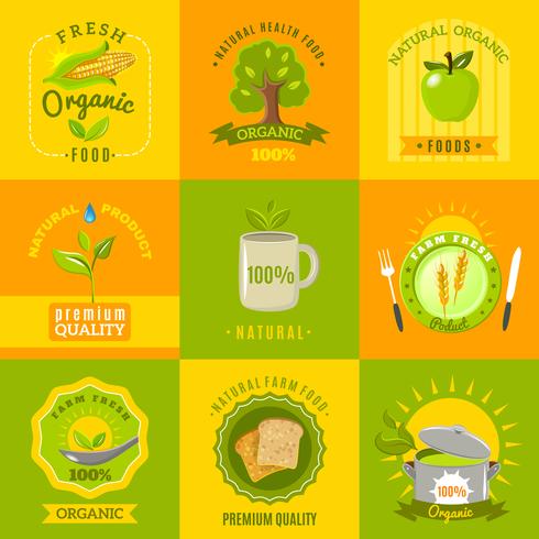Naturliga mat emblemen platt ikoner uppsättning vektor