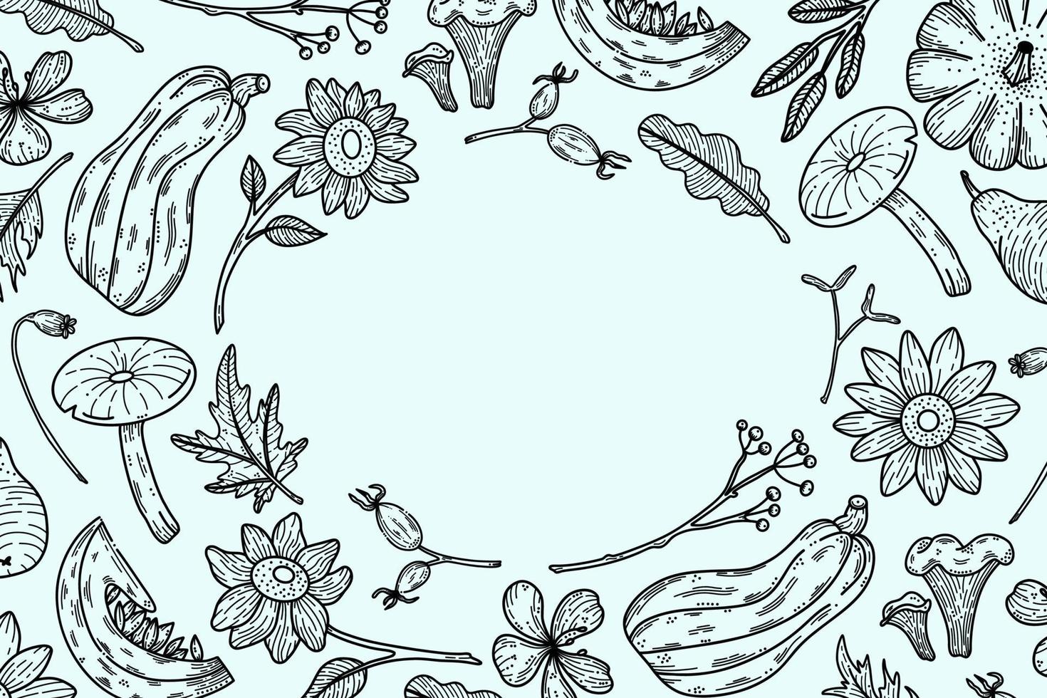 höst ram med pumpor, svamp, höstlöv och solrosor i doodle stil. blommig och grönsak linje konst höst ram vektor