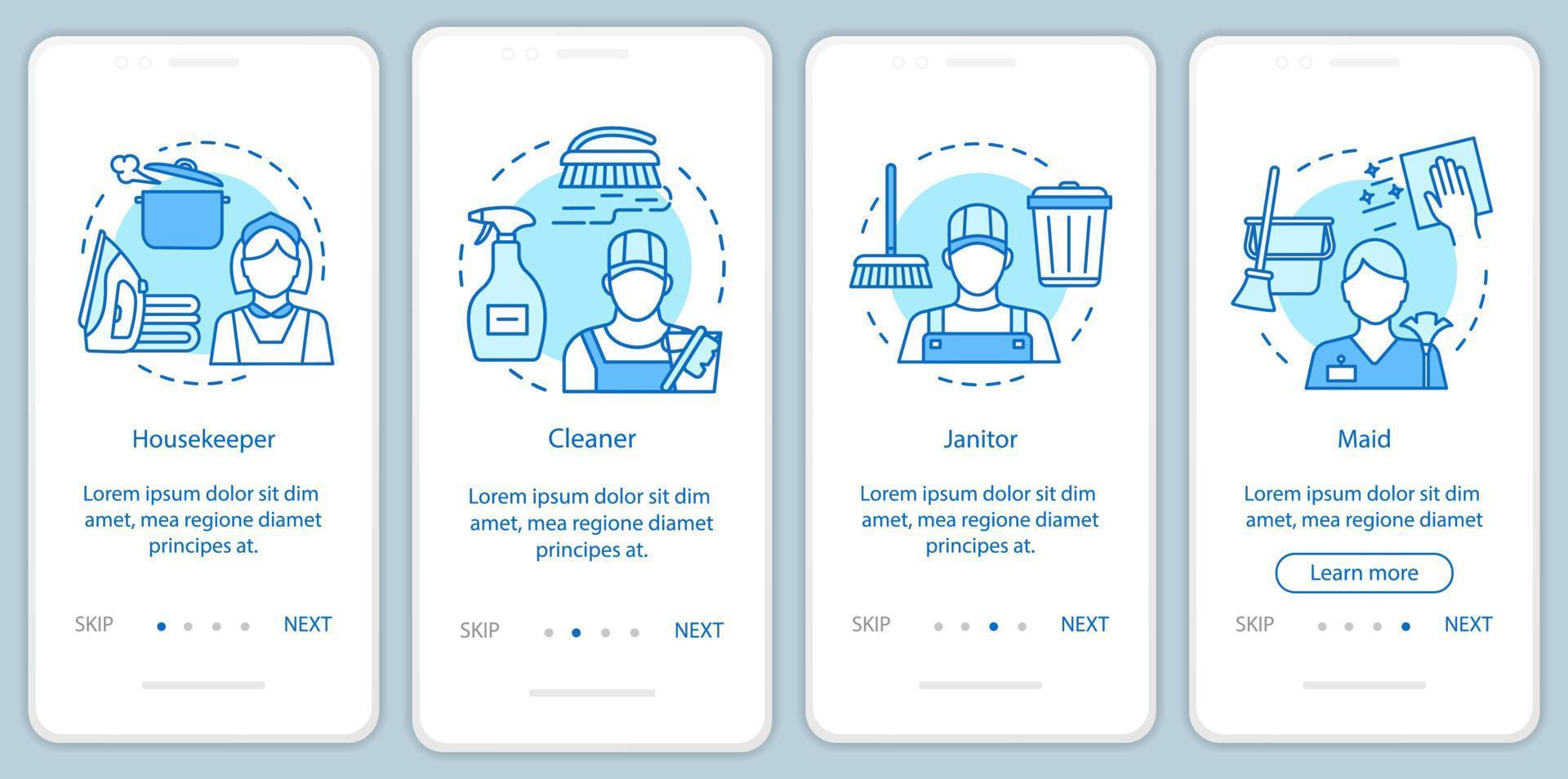 Personal der Reinigungsagentur beim Onboarding des Bildschirms der mobilen App, lineare Konzepte. Haushälterin, Dienstmädchen. vier exemplarische Schritte mit grafischer Anleitung. Reinigungsfirma. ux, ui, gui-Vektorvorlage mit Illustrationen vektor