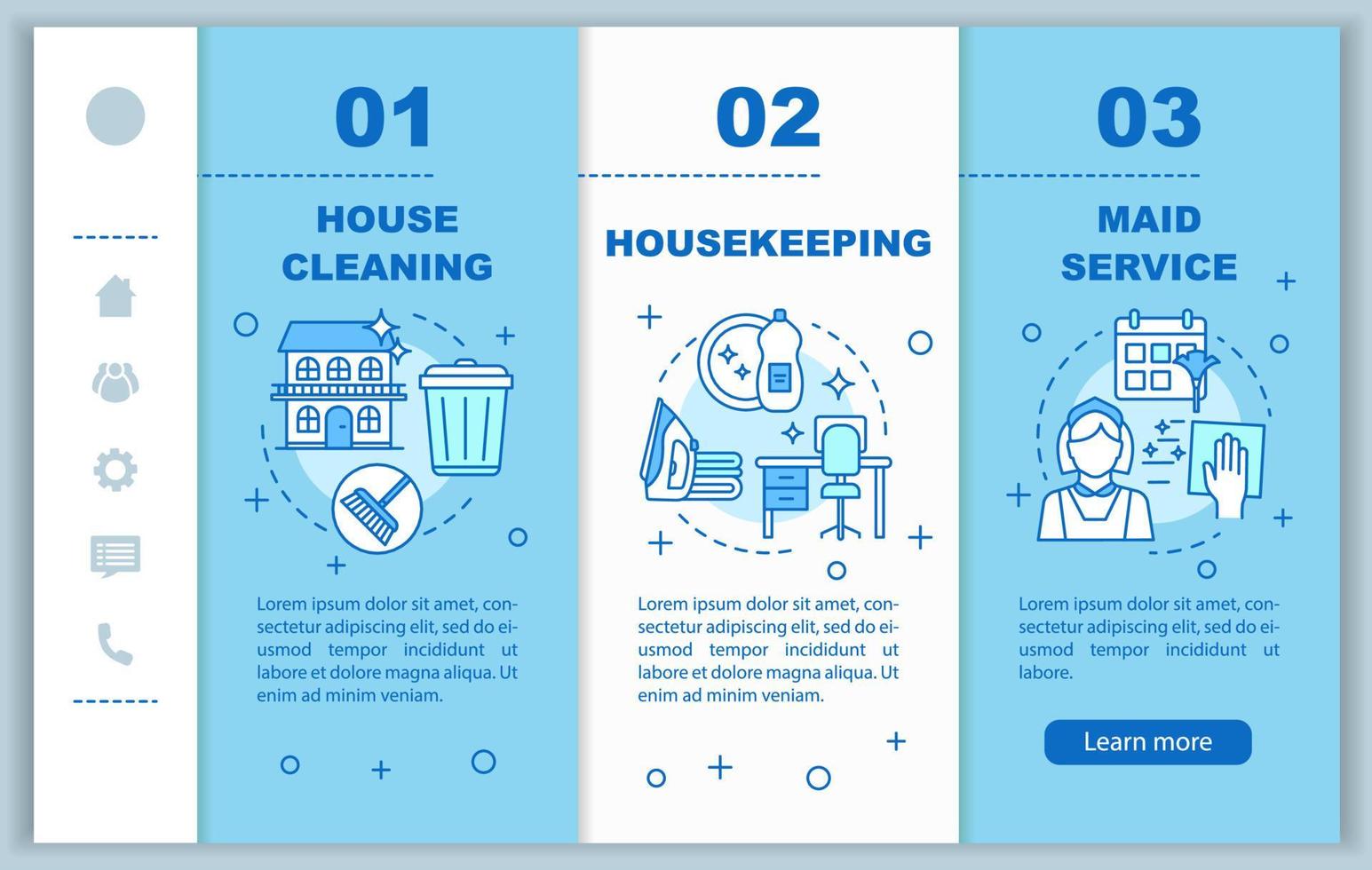 Hausdienst-Onboarding-Vektorvorlage für mobile Webseiten. Hauswirtschaft. Zimmerreinigung. reaktionsschnelle Smartphone-Webschnittstellen-Idee, lineare Abbildung. Schritt-Bildschirm für die Schritt-für-Schritt-Anleitung der Webseite. Farbkonzept vektor