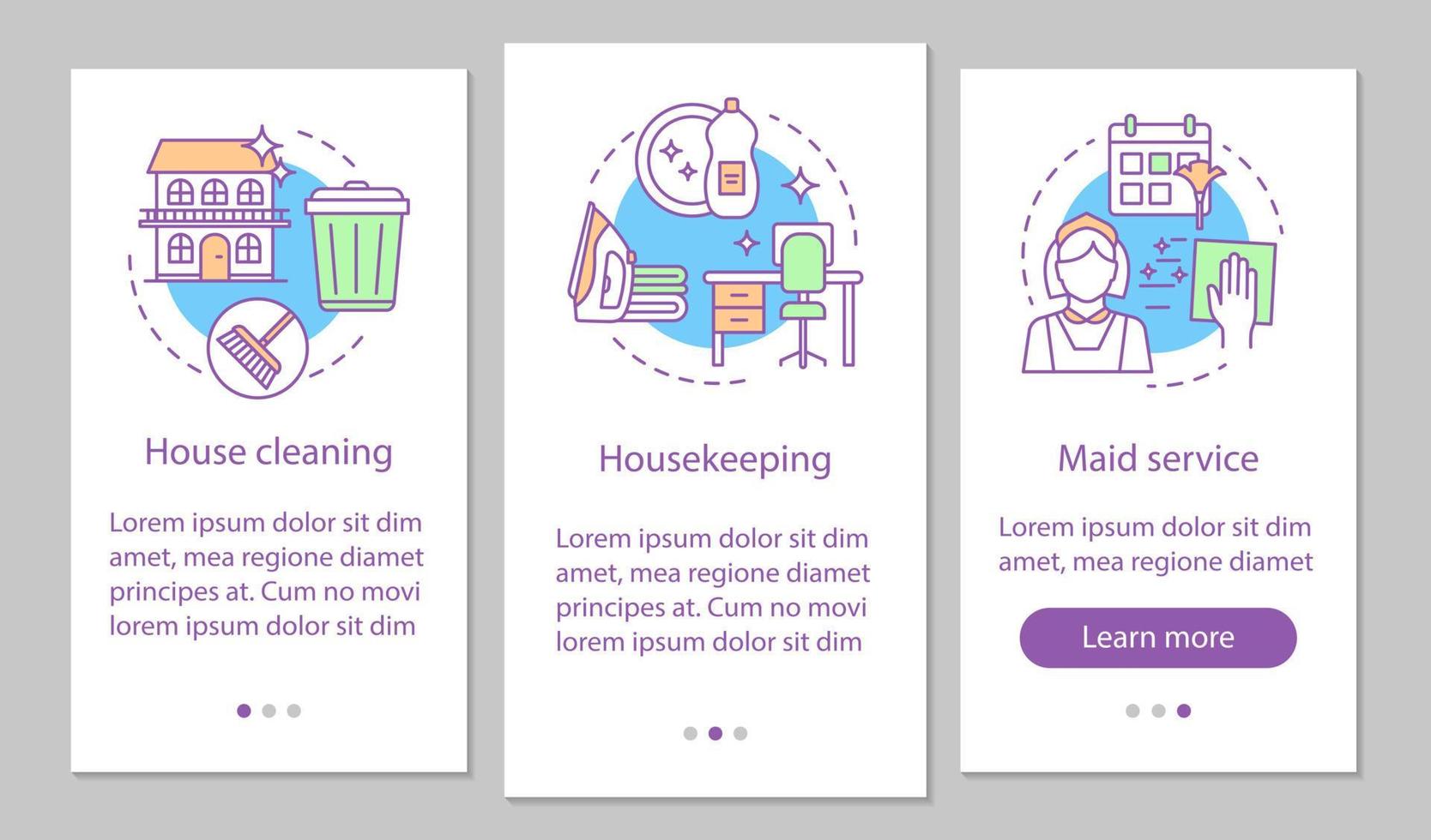 Hausdienst Onboarding mobiler App-Seitenbildschirm, lineare Konzepte. Hausreinigung. Hauswirtschaft. Zimmerreinigung. drei exemplarische Schritte mit grafischer Anleitung. ux, ui, gui-Vektorvorlage mit Illustration vektor