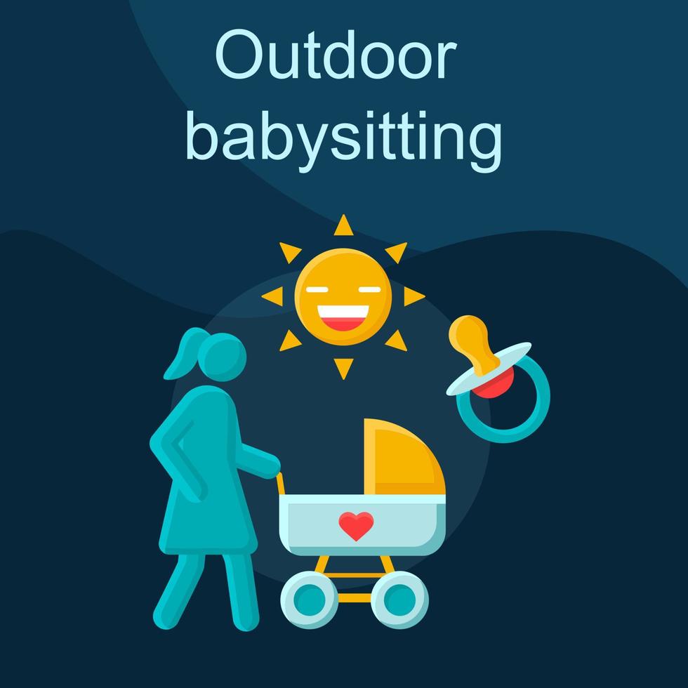 Outdoor-Babysitting-flaches Konzept-Vektor-Symbol. Aktivitäten, Elternschaft, Mutterschaftsidee Cartoon-Farbillustrationen. Mutter zu Fuß mit Kinderwagen, Kleinkind, Kinderbetreuung. isoliertes Grafikdesign-Element vektor