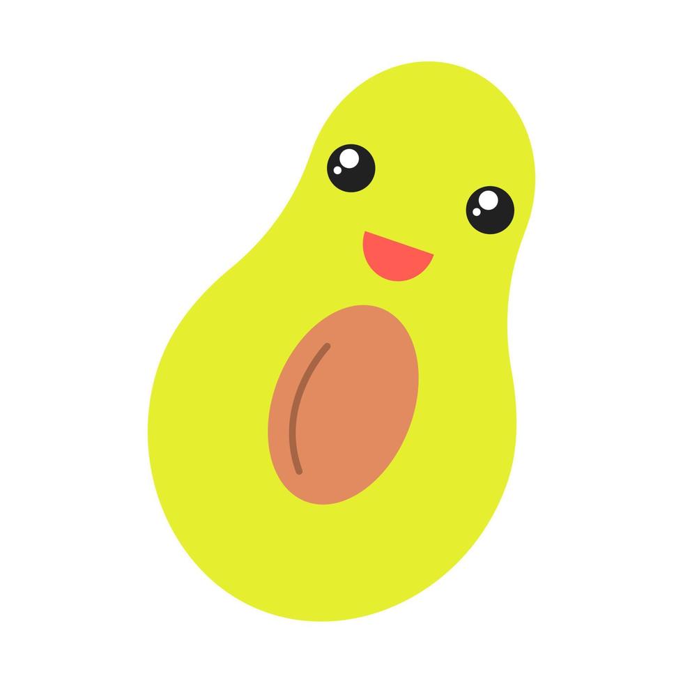 Avocado süßer kawaii flacher Design langer Schattencharakter. glückliche Frucht mit lächelndem Babygesicht. lustiges Emoji, Emoticon, Lächeln. Vektor isolierte Silhouette Illustration