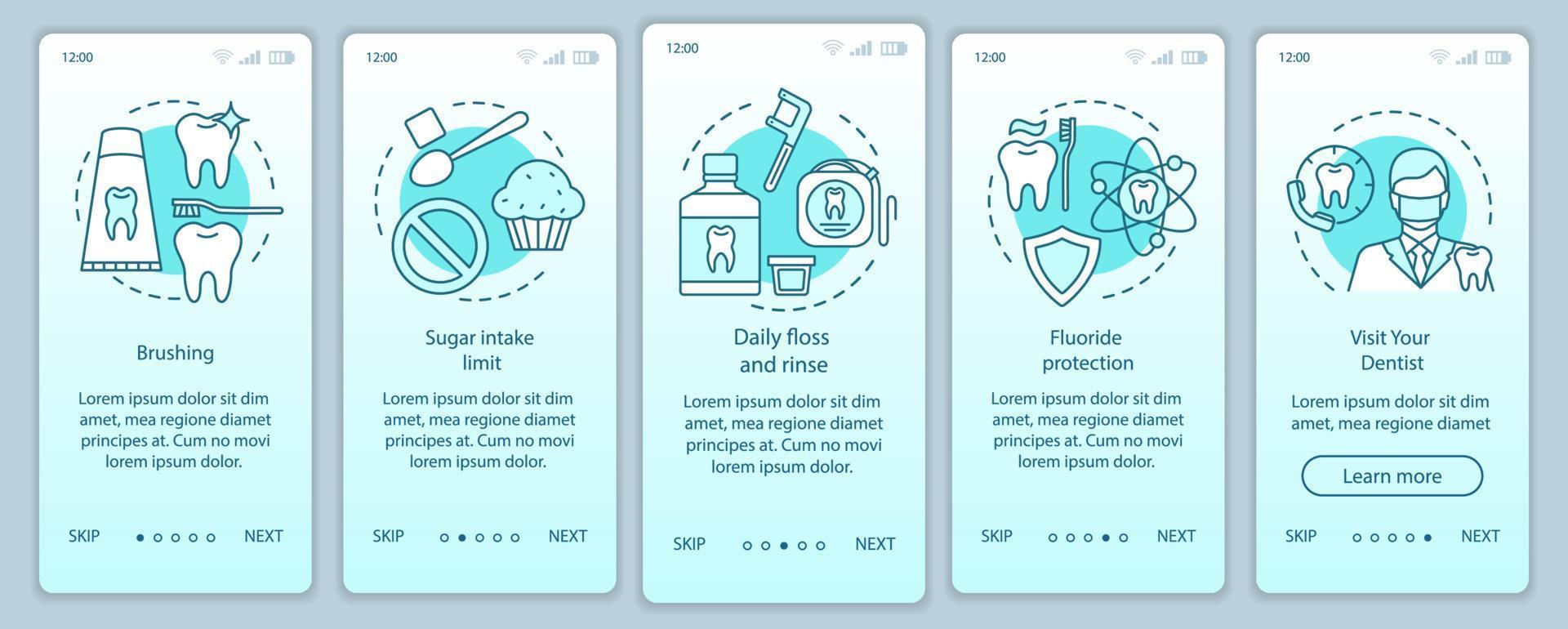 Mundhygiene-Routine Onboarding mobiler App-Seitenbildschirm mit linearen Konzepten. Zahnheilkunde. Gesunde Zähne Praxis Walkthrough Schritte grafische Anweisungen. ux, ui, gui-Vektorvorlage mit Illustrationen vektor