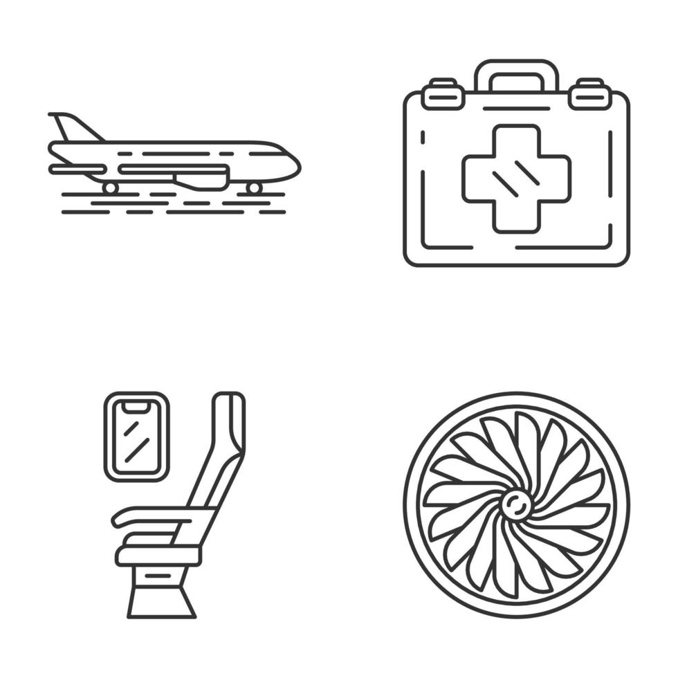 flygtjänster linjära ikoner set. plan på marken. bekväma sittplatser för flygplan, första hjälpen-kit, jetturbin. tunn linje kontur symboler. isolerade vektor kontur illustrationer. redigerbar linje