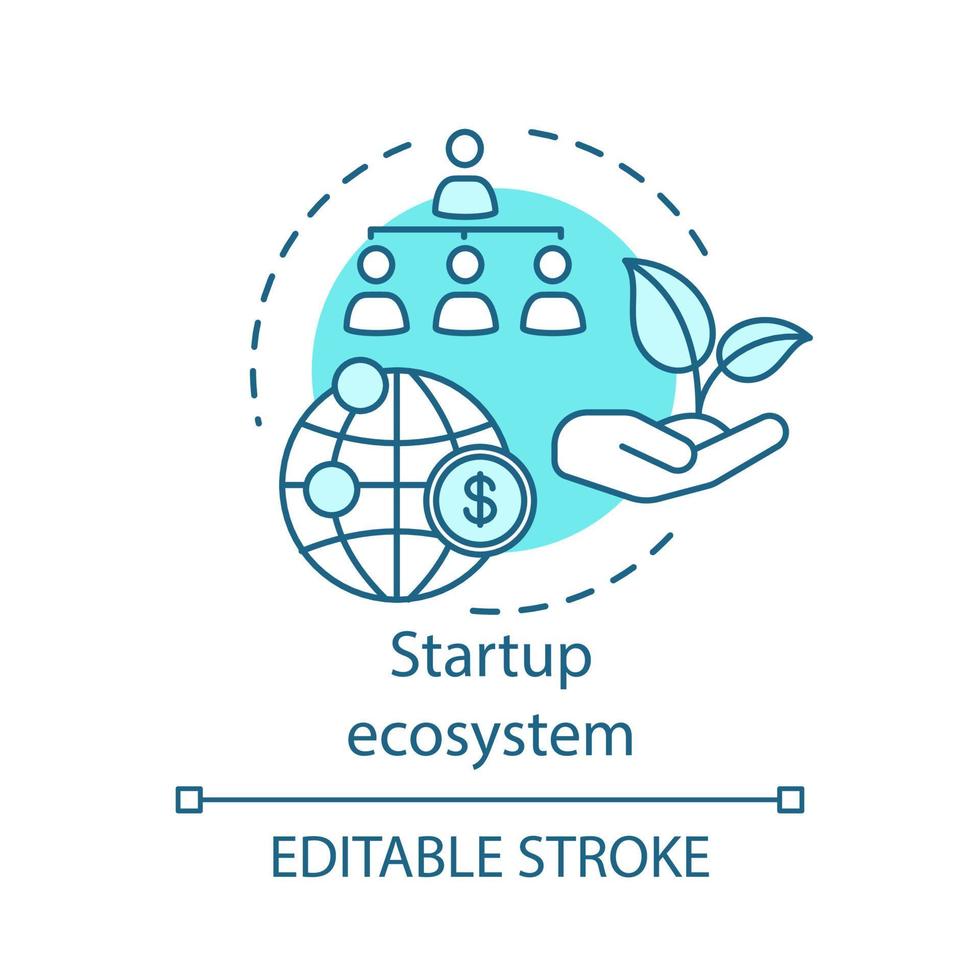 Symbol für das Konzept des Startup-Ökosystems. Finanzierung von Umweltorganisationen. junge Business Support System Idee dünne Linie Illustration. Vektor isolierte Umrisszeichnung. bearbeitbarer Strich