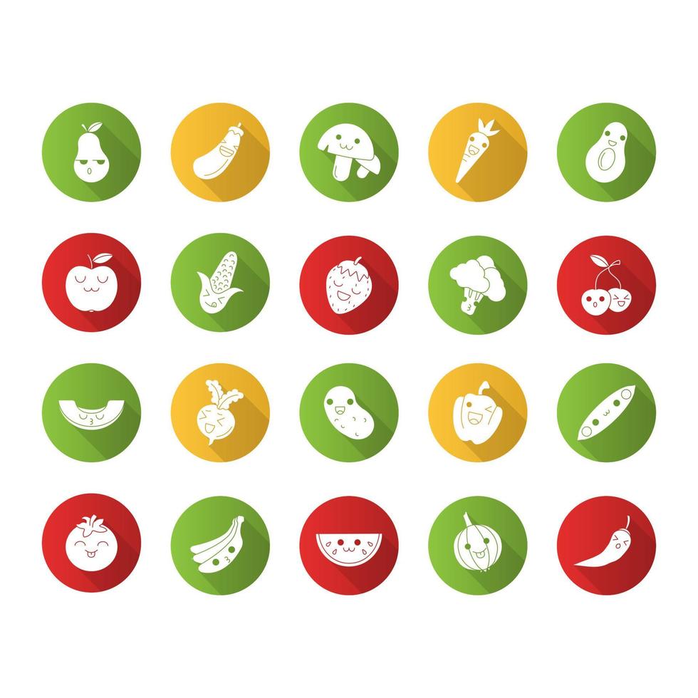 grönsaker och frukter söt kawaii platt design lång skugga glyph teckenuppsättning. vattenmelon och banan med leende ansikten. rolig emoji, uttryckssymbol, leende. vektor isolerade siluett illustration