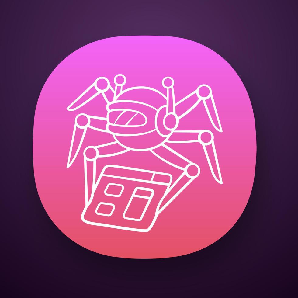 Crawler-App-Symbol. Spinnenbot. Suchmaschinenoptimierung. automatischer Indexer. Inhaltsüberwachung. künstliche Intelligenz. ui ux-Benutzeroberfläche. Web- oder mobile Anwendung. isolierte Vektorgrafik vektor