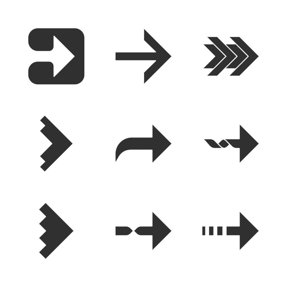 Pfeile nach rechts Glyphensymbole gesetzt. vorwärts, gebogen, gepunktet, verdreht weiter, Vorwärtspfeile. Markierung, Indikator. Bewegungszeichen. Pfeilspitze, die nach rechts zeigt. Silhouette-Symbole. isolierte Vektorgrafik vektor