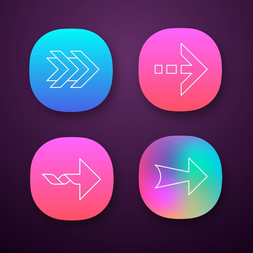Pfeile App-Symbole gesetzt. doppelte, gepunktete, verdrehte, breite nächste Pfeile. Pfeilspitze zeigt die richtige Richtung. zeigendes Symbol. ui ux-Benutzeroberfläche. Web- oder mobile Anwendungen. isolierte Vektorgrafiken vektor