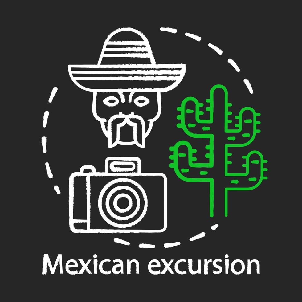 Symbol für das Konzept der mexikanischen Exkursion. südamerikanische wüste. Tour durch Mexiko. Kamera, Männerkopf in Sombrero, Saguaro-Kaktus-Idee. isolierte tafelillustration des vektors vektor