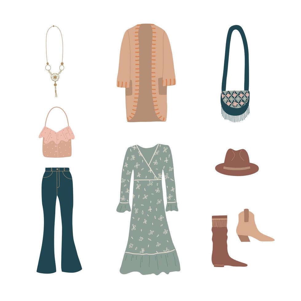 Boho-Outfits-Elemente-Kollektion. Mode-Kleidung und Accessoires-Vektor-Illustration. stylische Kleidungsstücke. vektor