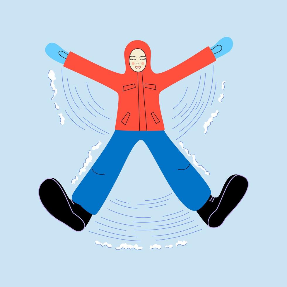 snö ängel vektor platt illustration. skrattande flicka ligger i snön. vinternöje. lycka. bra för kort, affisch, sociala medier, banner.