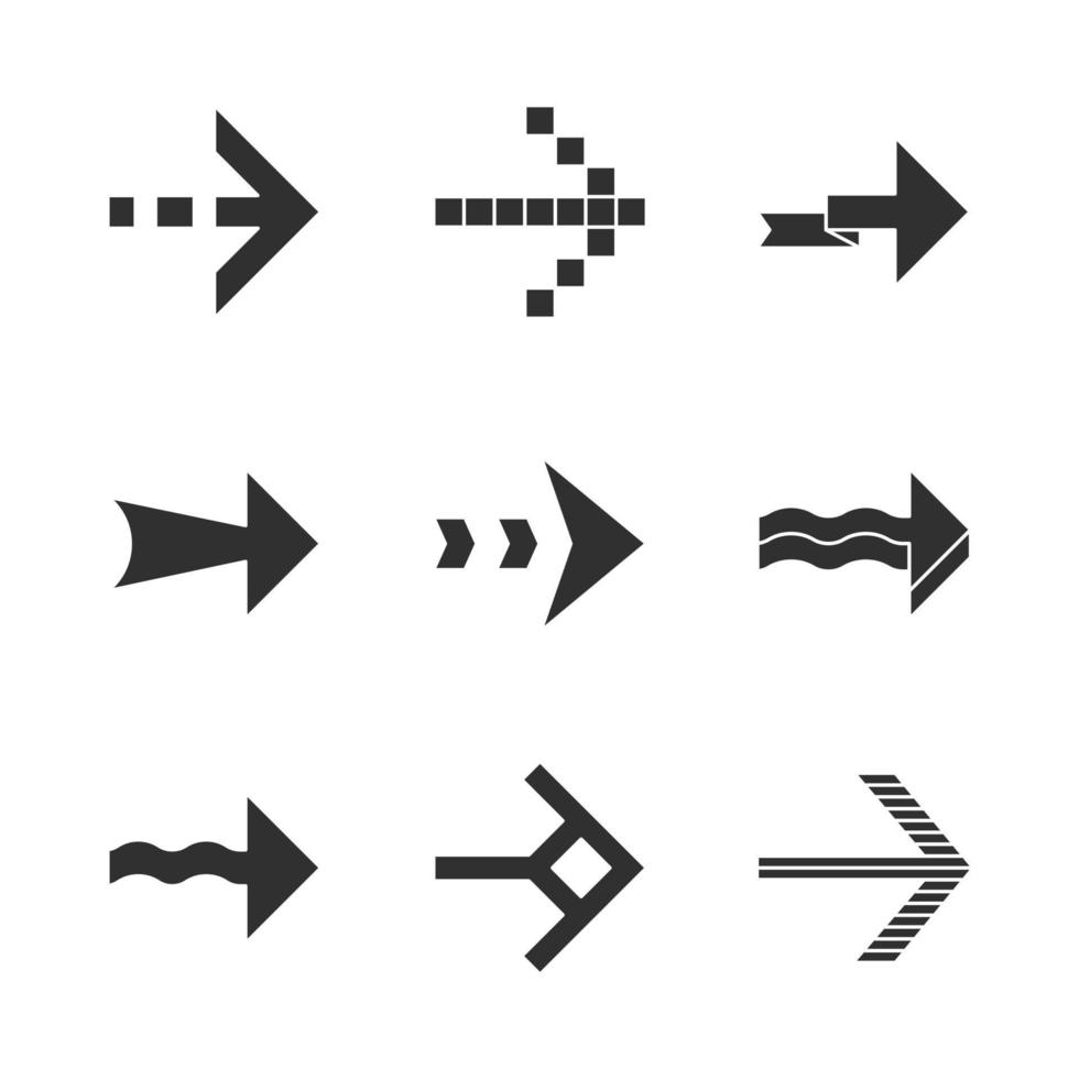 Pfeile Glyphe Icons Set. wellig, pixelig, gefaltet, gestreift, gestrichelt weiter Pfeile. Navigationszeiger, Hinweisschild. Pfeilspitzen zeigen in die richtige Richtung. Silhouette-Symbole. isolierte Vektorgrafik vektor