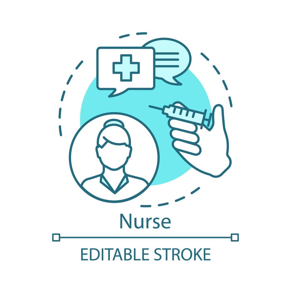 Krankenschwester Konzept Symbol. medizinische Behandlungsidee dünne Linie Illustration. Patientenversorgung und Hilfe. Untersuchung des Patienten. Gesundheitspfleger. Ärztlicher Dienst. Vektor isolierte Umrisszeichnung. bearbeitbarer Strich