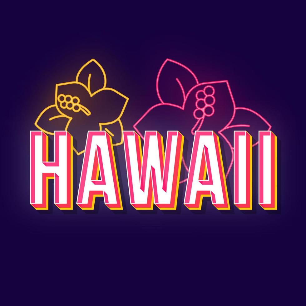 Hawaii Vintage 3D-Vektor-Schriftzug. Retro-fette Schriftart, Schriftart. Stilisierter Text der Pop-Art. Neonlichtbuchstaben im alten Schulstil. 90er, 80er Jahre Poster, Bannerdesign. tropische Blumen dunkelvioletter Farbhintergrund vektor
