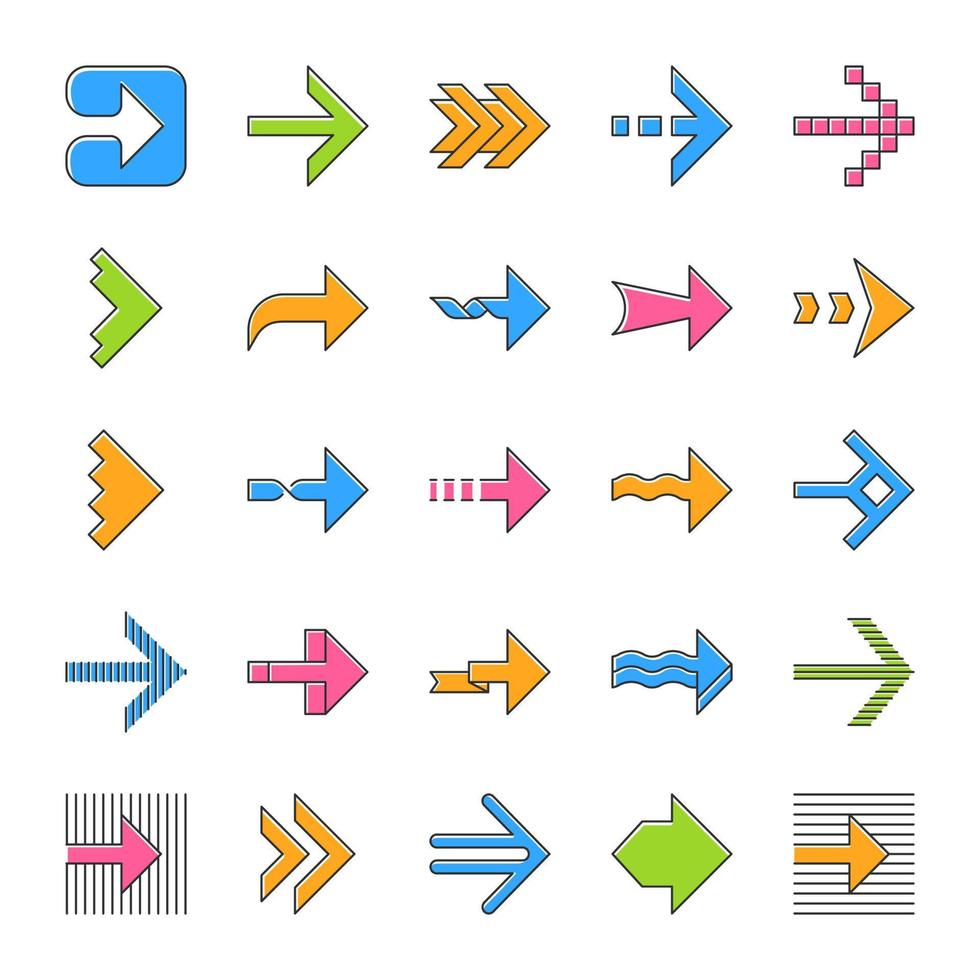 Pfeiltypen Farbsymbole gesetzt. wellig, gekerbt, gestreift doppelt, Pfeilspitzen. gepunktete, verdrehte, gestrichelte nächste Pfeile. rechts zeigendes Zeichen. Navigationssymbol. Richtung bewegen. isolierte vektorillustrationen vektor