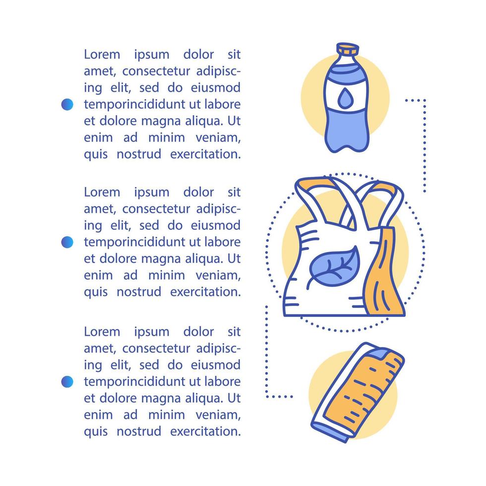 noll avfallsprodukter artikel sida vektor mall. broschyr, tidning, häfte designelement med linjära ikoner och textrutor. avfallshantering. tryckdesign. konceptillustrationer med textutrymme