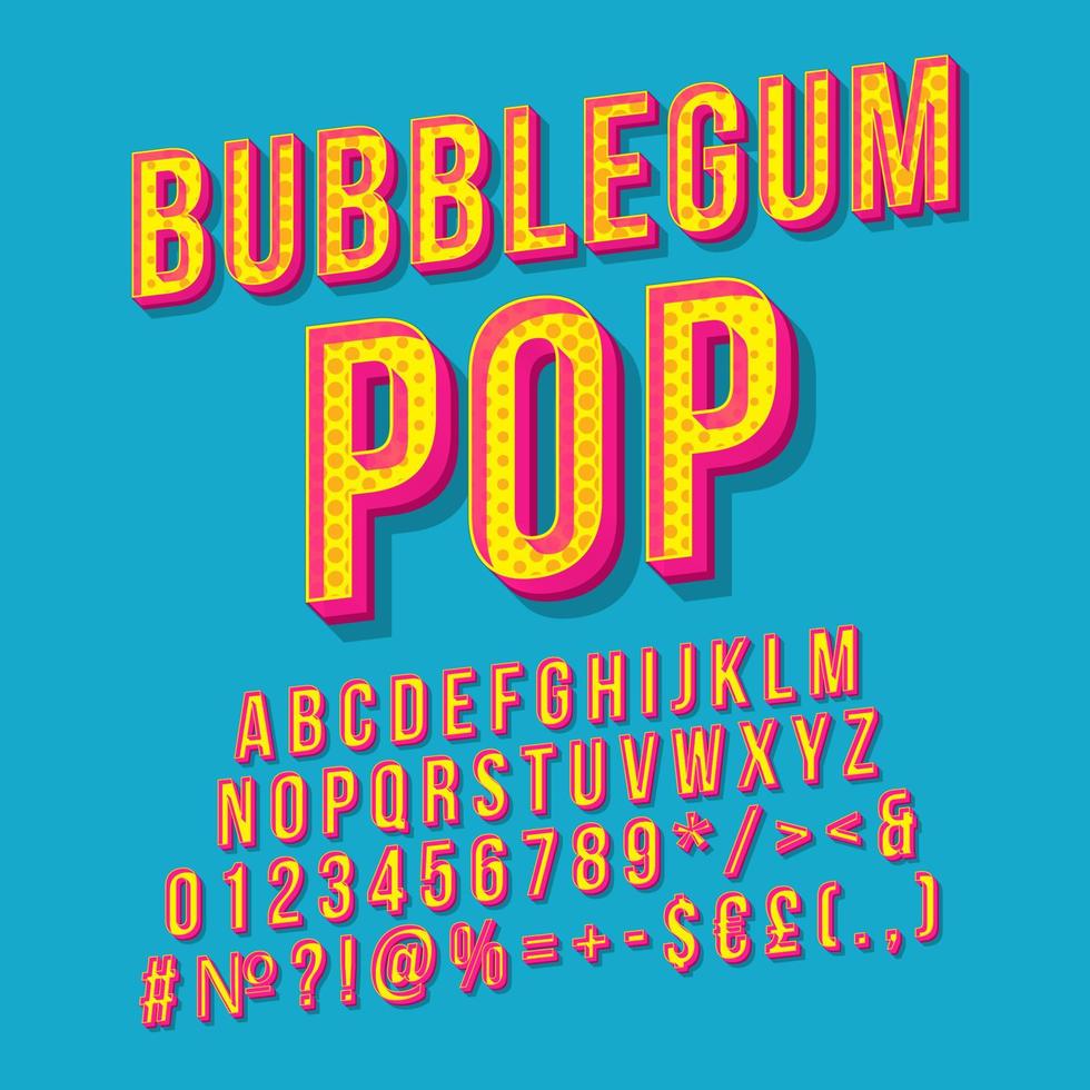 bubbelgum pop vintage 3d vektor bokstäver. retro fet stil, typsnitt. popkonst stiliserad text. gamla skolan stil bokstäver, siffror, symboler, element. 90-, 80-talsaffisch, banderoll. azurfärgad bakgrund