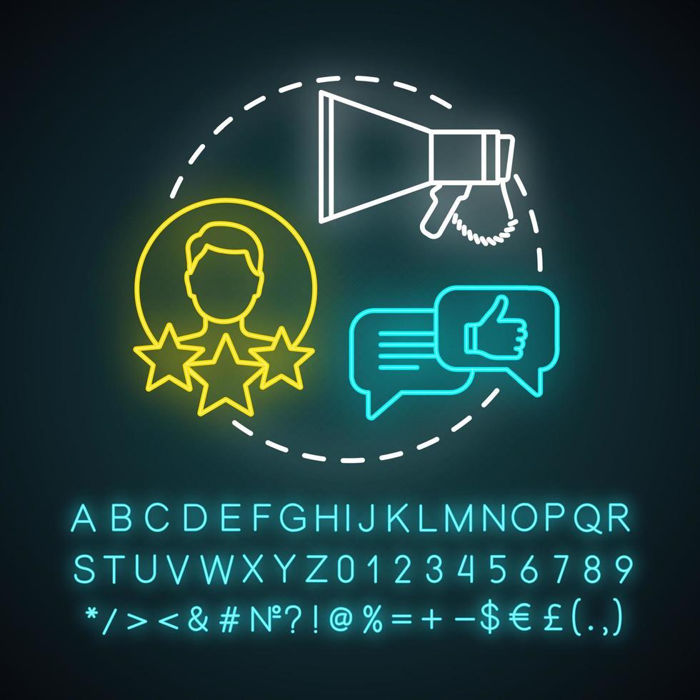 Symbol für Neonlicht für das Konzept des Markenanwalts. Empfehlungsmarketing. positives Feedback, Influencer-Review, Empfehlung. Mundpropaganda. leuchtendes Schild mit Alphabet, Zahlen und Symbolen. Vektor-Illustration vektor