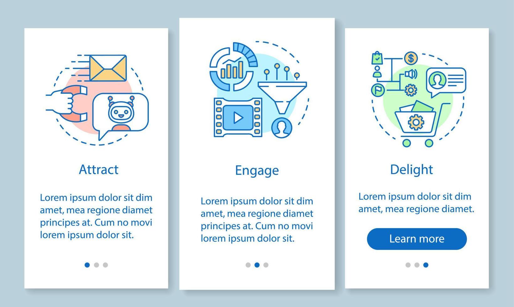 Inbound-Marketing-Methode für Kunden, die den Seitenbildschirm der mobilen App mit linearen Konzepten einbinden. anziehen, aktivieren Walkthrough-Schritte grafische Anweisungen. ux, ui, gui-Vektorvorlage mit Illustrationen vektor