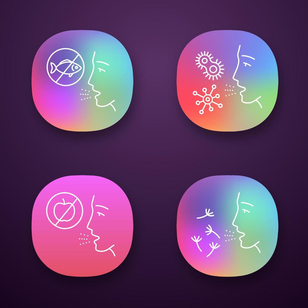Allergie-App-Icons gesetzt. Nahrungsmittel-, Pollen-, Bakterienunverträglichkeit. Allergenquellen. allergische Erkrankungen. Medizinisches Problem. ui ux-Benutzeroberfläche. Web- oder mobile Anwendungen. isolierte Vektorgrafiken vektor