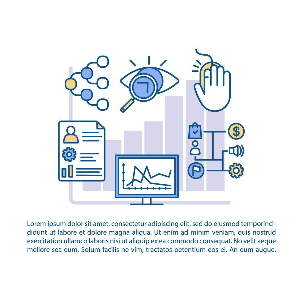 attribution modellering artikel sida vektor mall. marknadsföringsmått. broschyr, tidning, häfte designelement med linjära ikoner och textrutor. tryckdesign. konceptillustrationer med textutrymme