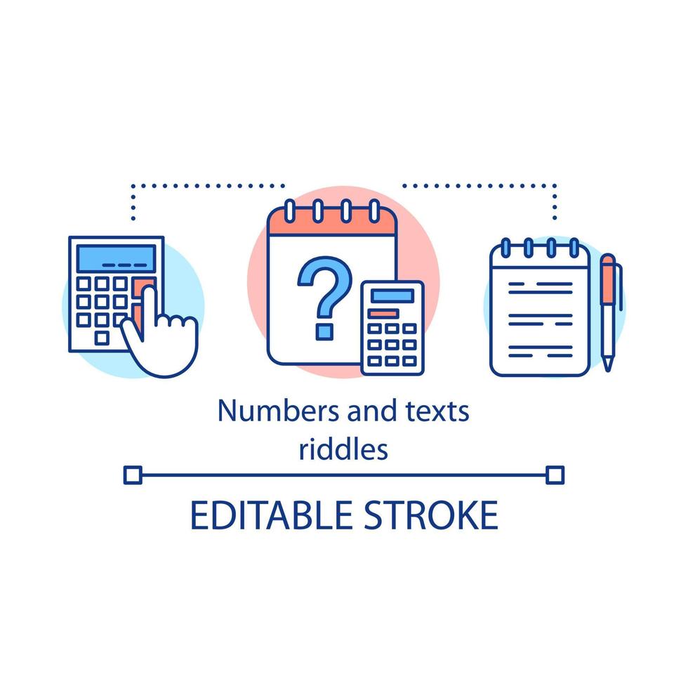 Zahlen und Texte Rätsel Konzept Symbol. Gedankenspielidee dünne Linie Illustration. Mathe- und Worträtsel. rechnen und zählen. Vektor isolierte Umrisszeichnung. bearbeitbarer Strich