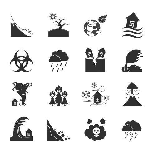 Naturkatastrophen-Monochrom-Icons Set vektor