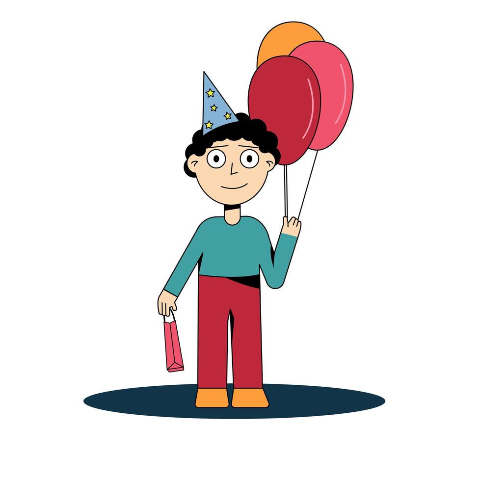 pojke i en festmössa med ballonger vektor