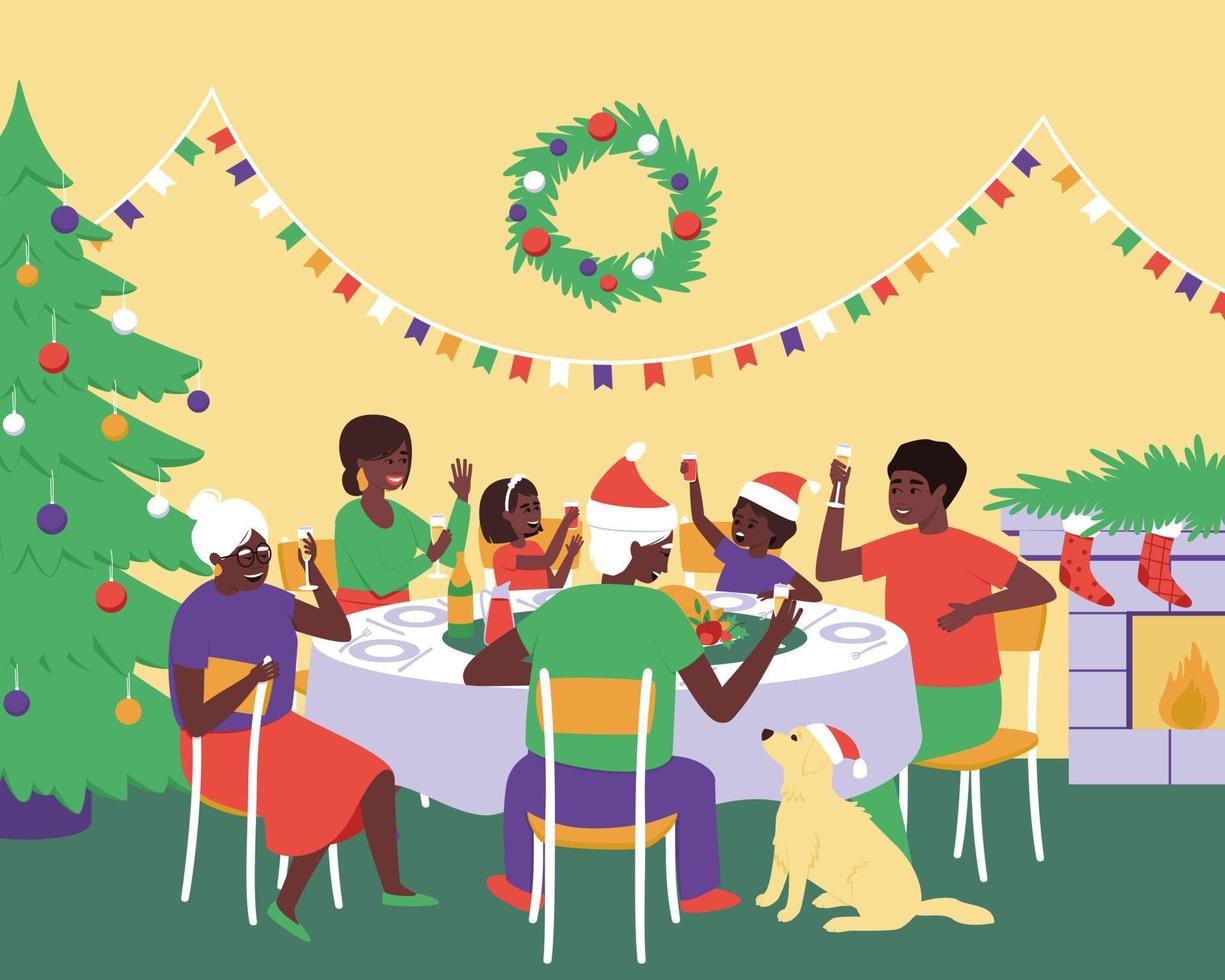 Afroamerikanische Familie mit Hund feiert Erntedankfest am Feiertagstisch vektor