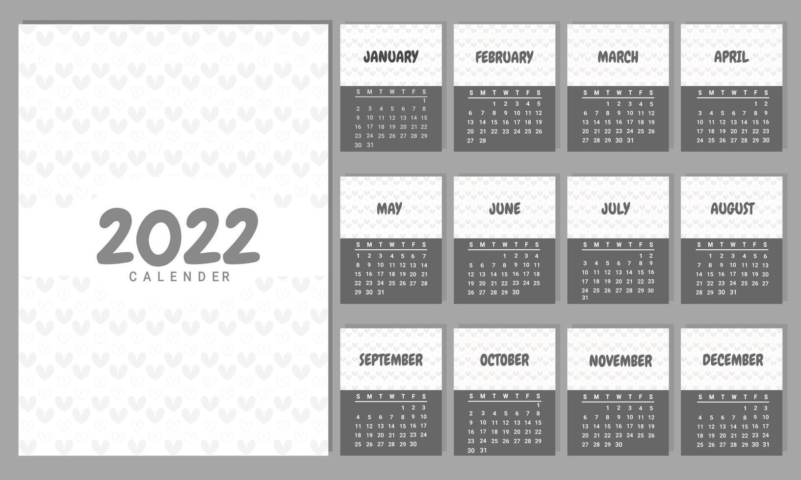 kalender 2022 trendig minimalistisk stil. set med 12 sidor skrivbordskalender. minimal kalenderplaneraredesign för utskriftsmall. vektor illustration