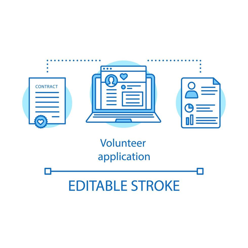 volontär ansökningsformulär koncept ikon. välgörenhet. idé tunn linje illustration. frivilliga jobb. vektor isolerade konturritning
