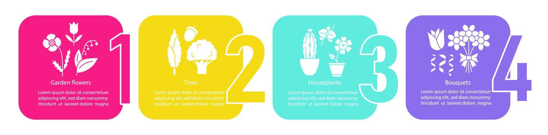 Pflanzen Vektor Infografik Vorlage. Botanik. Business-Präsentationselemente. Gartenblumen, Bäume, Zimmerpflanzen, Blumensträuße. Schritte und Optionen zur Datenvisualisierung. Zeitachsendiagramm des Prozesses. Workflow-Layout