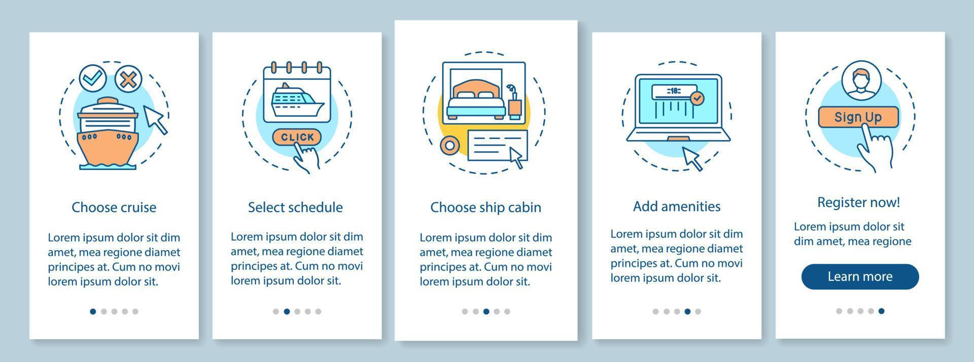 kryssningsbokning onboarding mobil app sidskärm, linjära koncept. resebyrå genomgångssteg grafiska instruktioner. resa, reseplanering. ux, ui, gui vektormall med illustrationer vektor