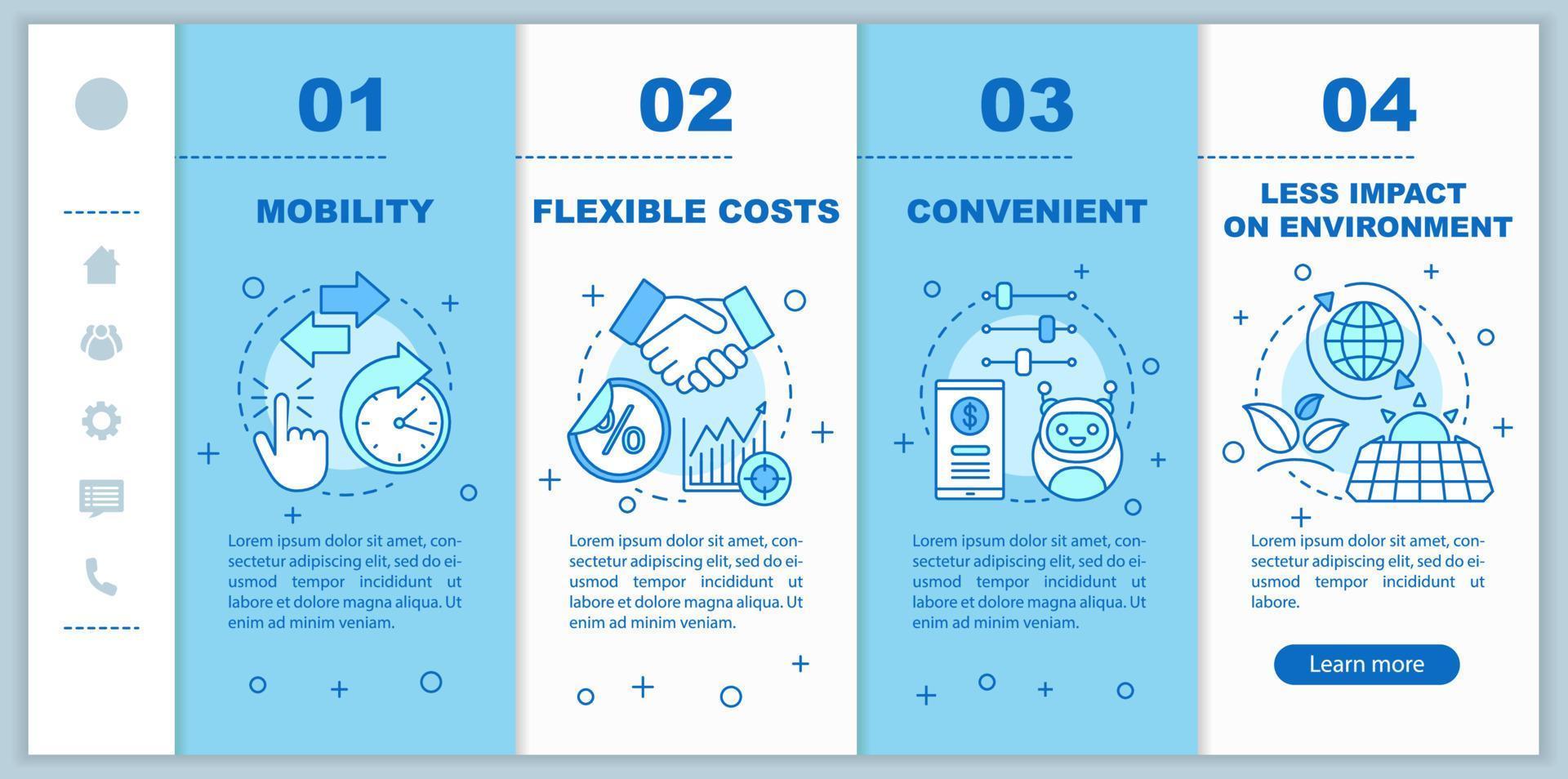 Technologievorteile, Vorteile beim Onboarding mobiler Webseiten Vektorvorlage. Responsive Smartphone-Website-Schnittstellenidee mit linearen Illustrationen. Schrittbildschirme für die Website-Walkthrough-Schritte. Farbkonzept vektor