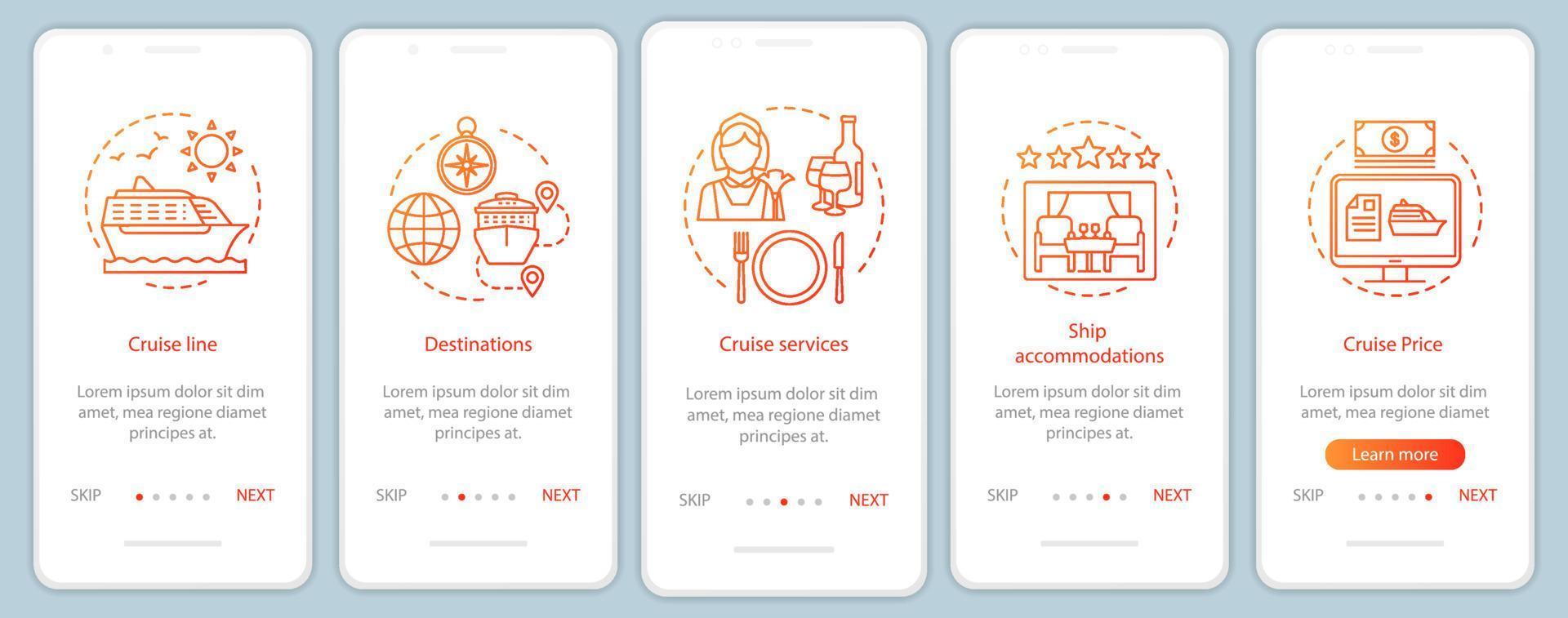 kryssningsinformation ombord på mobilappssidan med linjära koncept. kryssningslinje, destinationer, tjänster genomgångssteg grafiska instruktioner. ux, ui, gui vektormall med illustrationer vektor