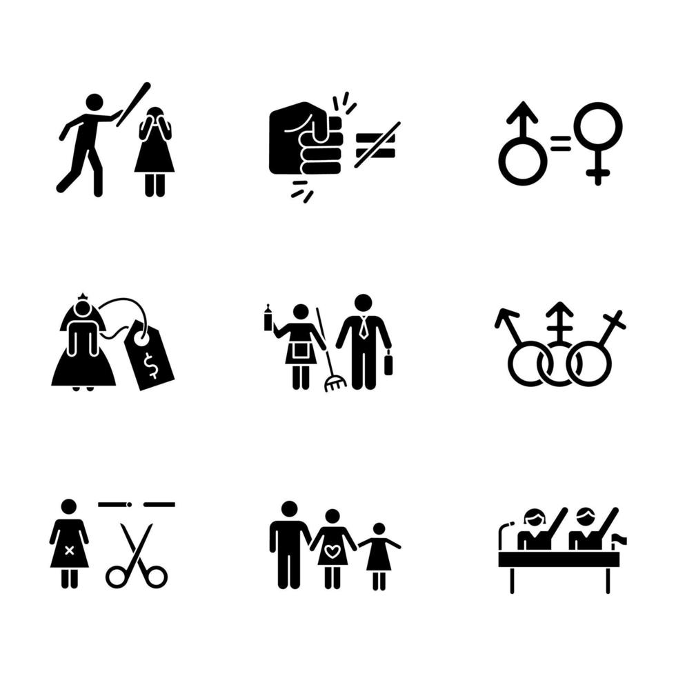 Jämställdhet glyf ikoner set. våld mot kvinna. könsstereotyper. brudpris. tvångssterilisering. politiska rättigheter. kvinnliga trakasserier. siluett symboler. vektor isolerade illustration
