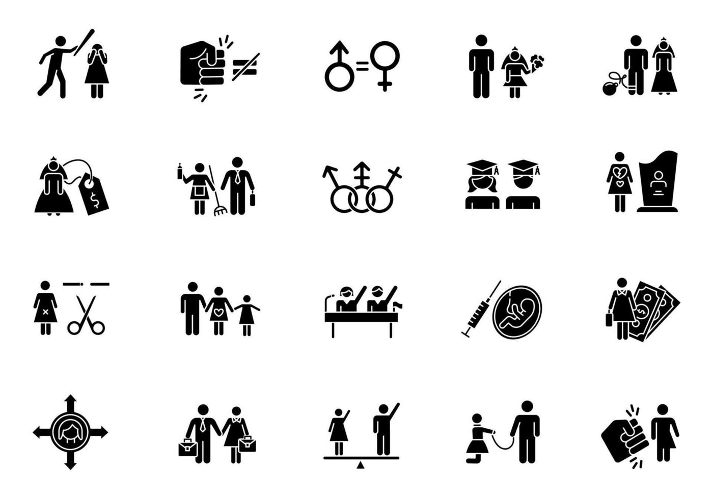 Jämställdhet glyf ikoner set. kvinna, man rätt. sexuellt slaveri. kvinnlig ekonomisk aktivitet. transpersoner. sysselsättning, politik. familjeplanering. siluett symboler. vektor isolerade illustration