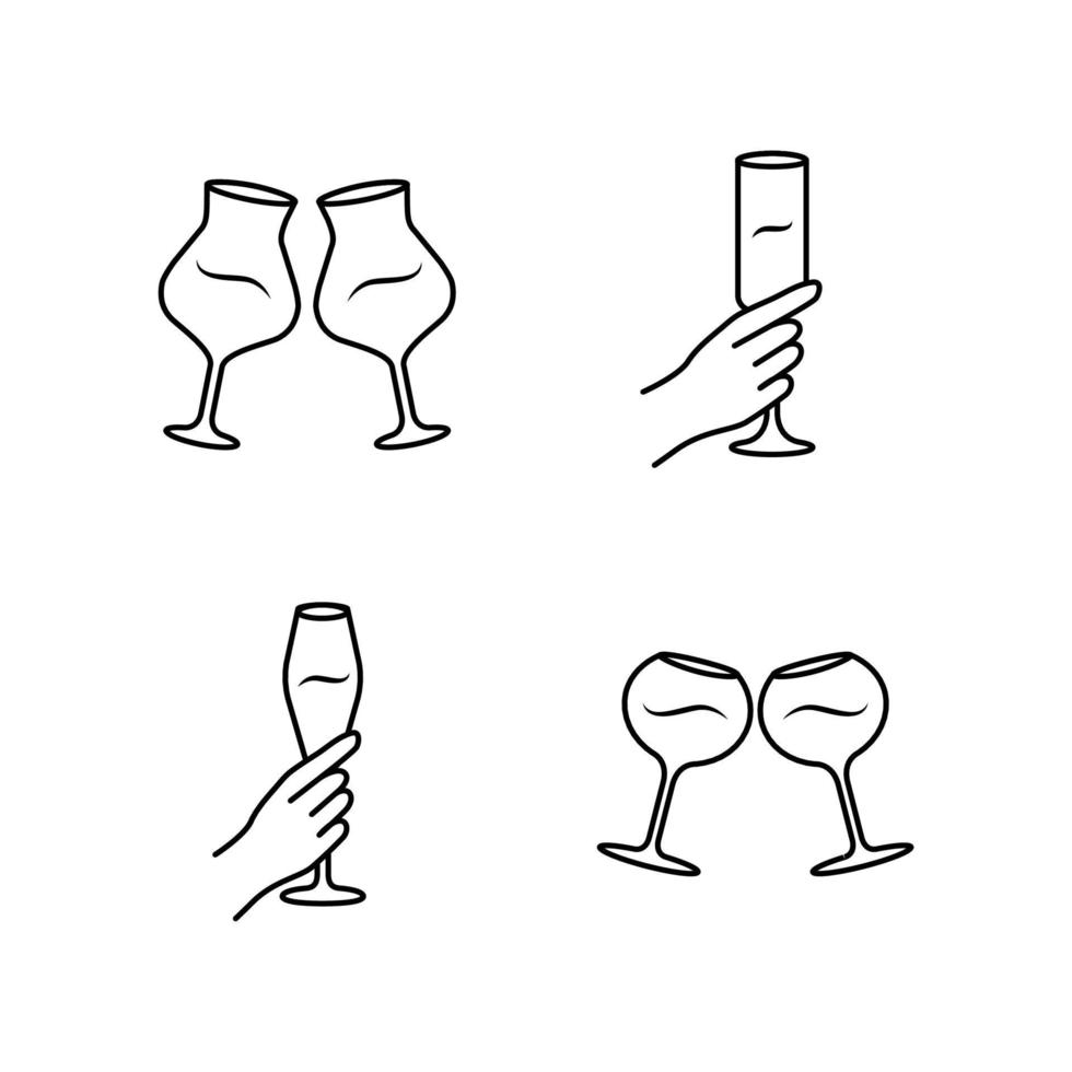 Weinservice lineare Symbole gesetzt. klirrende Weingläser. Hände, die alkoholische Getränke halten. Feier. Glaswaren, Weingut. dünne Linienkontursymbole. isolierte Vektorgrafiken. bearbeitbarer Strich vektor