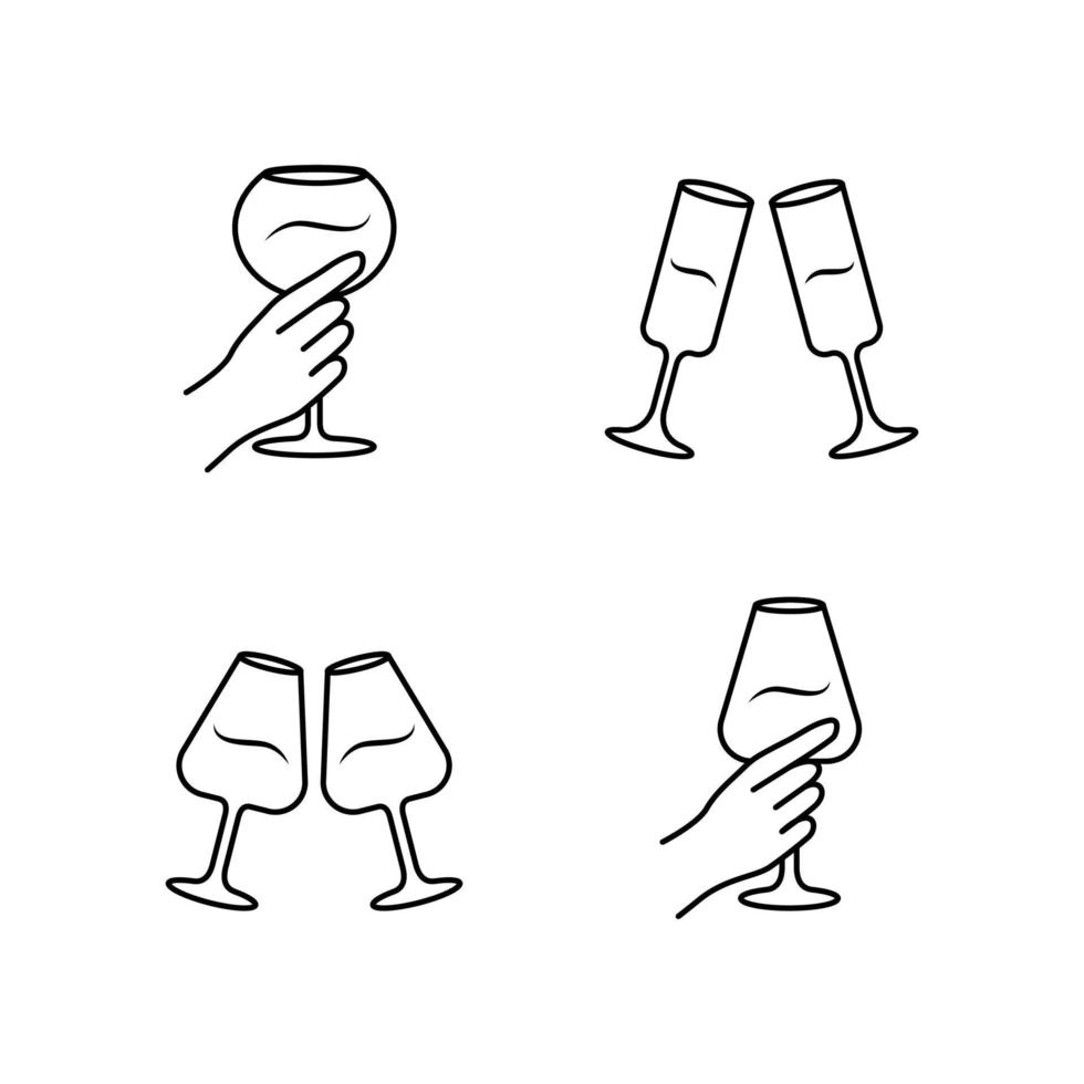 vin service linjära ikoner set. klirrande vinglas. händer som håller alkoholdrycker. firande. glas. Skål. tunn linje kontur symboler. isolerade vektor kontur illustrationer. redigerbar linje