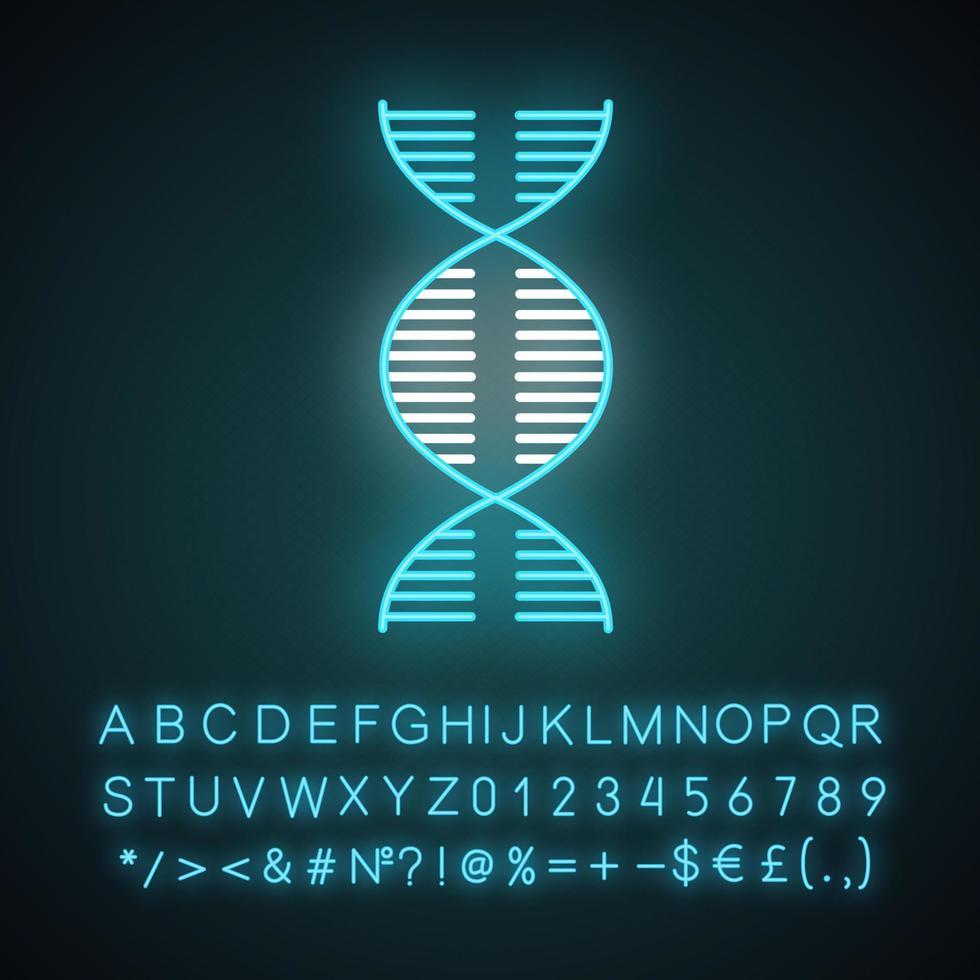 DNA-Spirale-Neonlicht-Symbol. Desoxyribonukleinsäure, Nukleinsäurehelix. Molekularbiologie. genetischer Code. Genetik. Medizin. leuchtendes Schild mit Alphabet, Zahlen und Symbolen. isolierte Vektorgrafik vektor