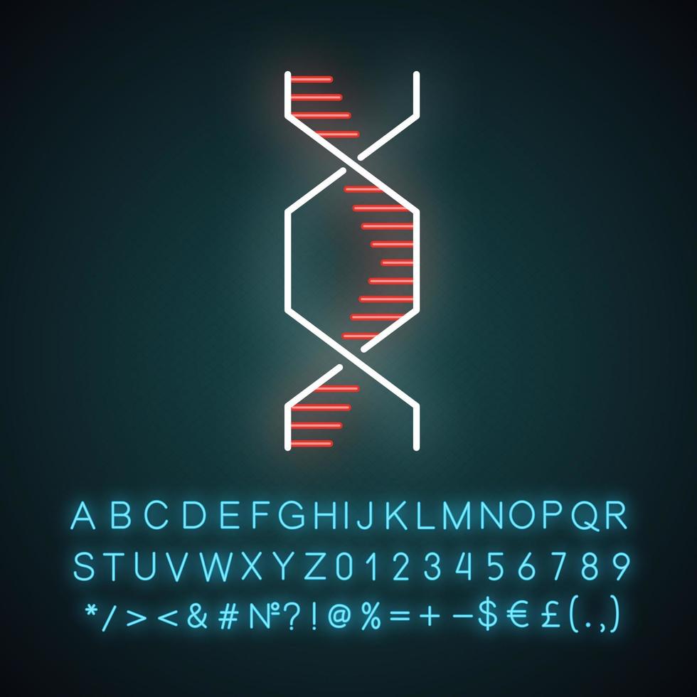 Sechseckiges DNA-Helix-Neonlicht-Symbol. Desoxyribonukleinsäure, Nukleinsäurestruktur. Molekularbiologie. genetischer Code. Genetik. leuchtendes Schild mit Alphabet, Zahlen und Symbolen. isolierte Vektorgrafik vektor