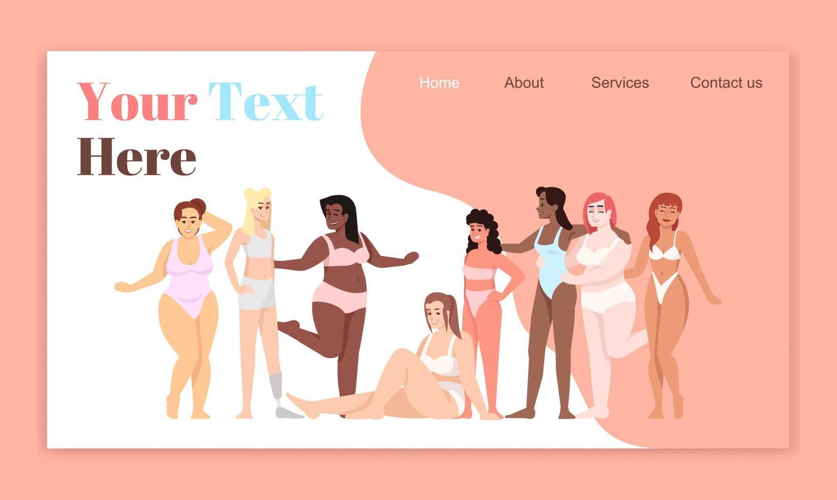 body positiva målsida vektor mallar. kvinnor klädda i baddräkter webbplats gränssnitt idé med platta illustrationer. leende damer hemsida layout. feminism webbbanner, webbsida tecknad koncept